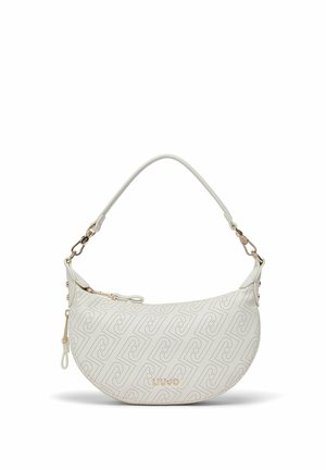 Borsa a mezzaluna bianca con motivi geometrici traforati, ferramenta color oro, chiusura a cerniera e un singolo cinturino da spalla.