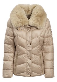 Pufjakke i tan med en stor faux fur krave, quiltet design, lynlås i guldfarve og trykknaplukning foran.