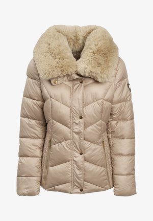 Giacca puffer color cammello con un ampio colletto in pelliccia sintetica, design trapuntato, zip in tonalità oro e chiusure a bottone a scatto sul davanti.