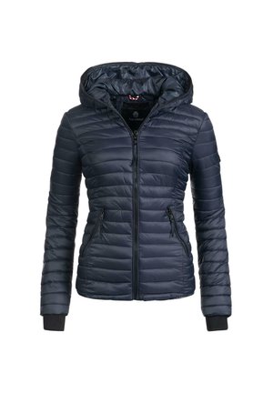Navy blue puffer jacket with a hood, zip front, quilted texture, and two front pockets, featuring black cuffs and a lightweight design.