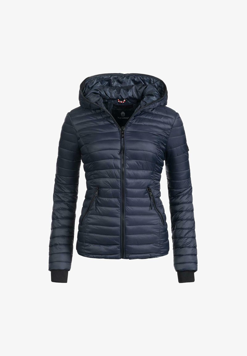 Navy blue puffer jacket with a hood, zip front, quilted texture, and two front pockets, featuring black cuffs and a lightweight design.