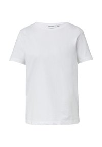 T-shirt blanc à manches courtes et col rond en coton. Texture lisse, coupe ample, avec une étiquette sur le col. Aucun motif ni accent.