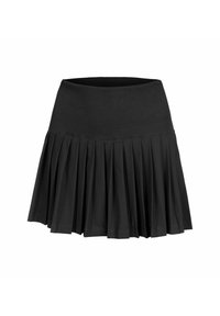 Falda plisada negra con una cinturilla acanalada. Hecha de una tela suave, presenta una silueta en A con plisados uniformes alrededor del dobladillo.