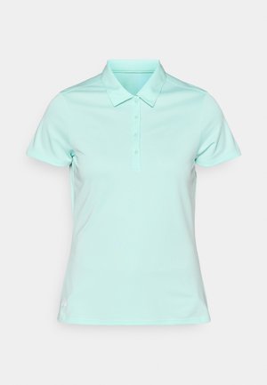 Šviesiai mėtinio žalumo polo marškiniai, pagaminti iš glotnios medžiagos, su pailgu apykaklės kraštu, trimis mygtukais ir trumpomis rankovėmis.