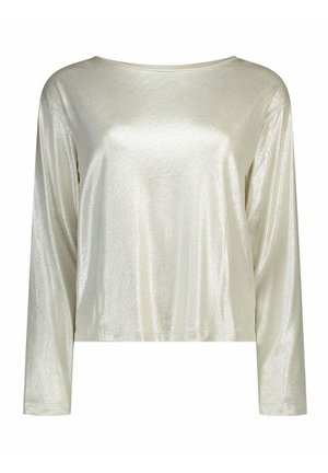 Haut métallique argenté brillant à manches longues avec encolure ronde et ourlet droit, présenté sur un fond blanc uni.