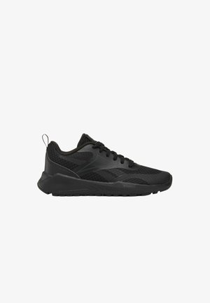 Black athletic sneaker with mesh and synthetic upper, lace-up design, cushioned sole, and pull tab on heel.