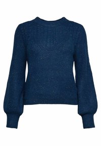 Marineblauer gestrickter Pullover mit Rundhalsausschnitt, strukturiertem Muster und aufgepufften Ärmeln. Verfügt über dezente metallische Glitzereffekte.
