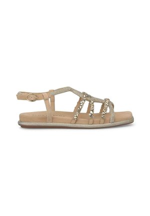 Sandalo beige con accenti metallici dorati, con decorazioni embellite, punta aperta e cinturino alla caviglia regolabile. Suola piatta e flessibile.