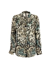 Luipaardprint blouse gemaakt van lichtgewicht, doorschijnende stof; heeft een knoopsluiting en lange mouwen; kleuren zijn zwart, beige en teal.