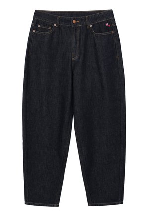 Dark blue denim trousers with a loose fit, featuring five pockets and a small pink heart embroidery near the front pocket.