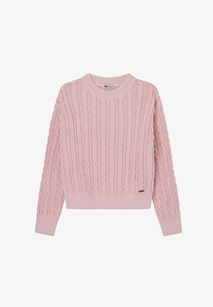 Pull rose clair avec un motif en maille torsadée, encolure ronde, manches longues, et bords côtelés aux poignets et à l'ourlet. Présente une petite étiquette logo sur le côté.