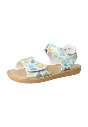 Children's sandal with adjustable straps featuring colorful abstract shapes and a tan cushioned sole.