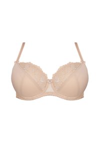 Beige bh met kantafwerking, gevoerde cups en verstelbare banden. Het strikdetail in het midden en de textuur van het kant verbeteren het ontwerp.