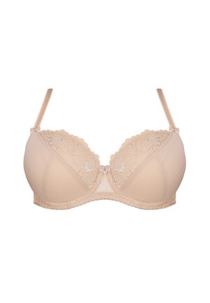 Beige bh met kantafwerking, gevoerde cups en verstelbare banden. Het strikdetail in het midden en de textuur van het kant verbeteren het ontwerp.