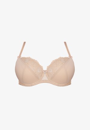 Soutien-gorge beige avec une bordure en dentelle, des bonnets rembourrés et des bretelles réglables. Un détail de nœud central et des motifs en dentelle texturée rehaussent son design.