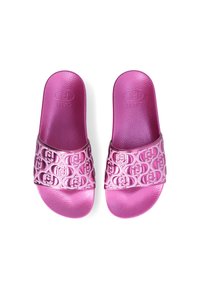 Pink rubber slides featuring a textured strap with embossed logo pattern. Smooth footbed with rounded edges and minimalistic design.