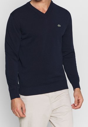 Man draagt een marineblauwe V-hals trui met een klein groen krokodillenlogo op de borst en lichtbeige broek.