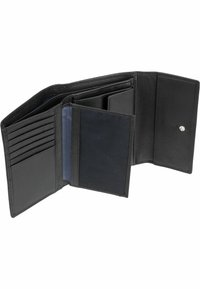Black leather wallet featuring multiple card slots, a coin pocket, and a smooth textured interior lining with a snap closure.