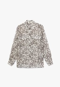 Leichte, transparente Bluse mit einem braun- und cremefarbenen Leopardenmuster, klassischem Kragen, langen Ärmeln und zwei Brusttaschen.