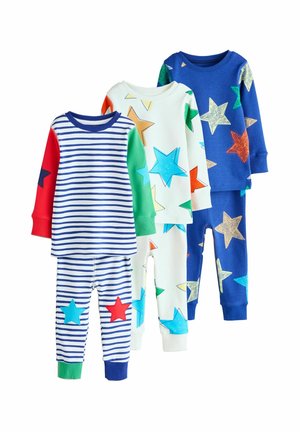 Four sets of children's pajamas made from soft fabric. Colors include blue, red, white, and green with star patterns and stripes.