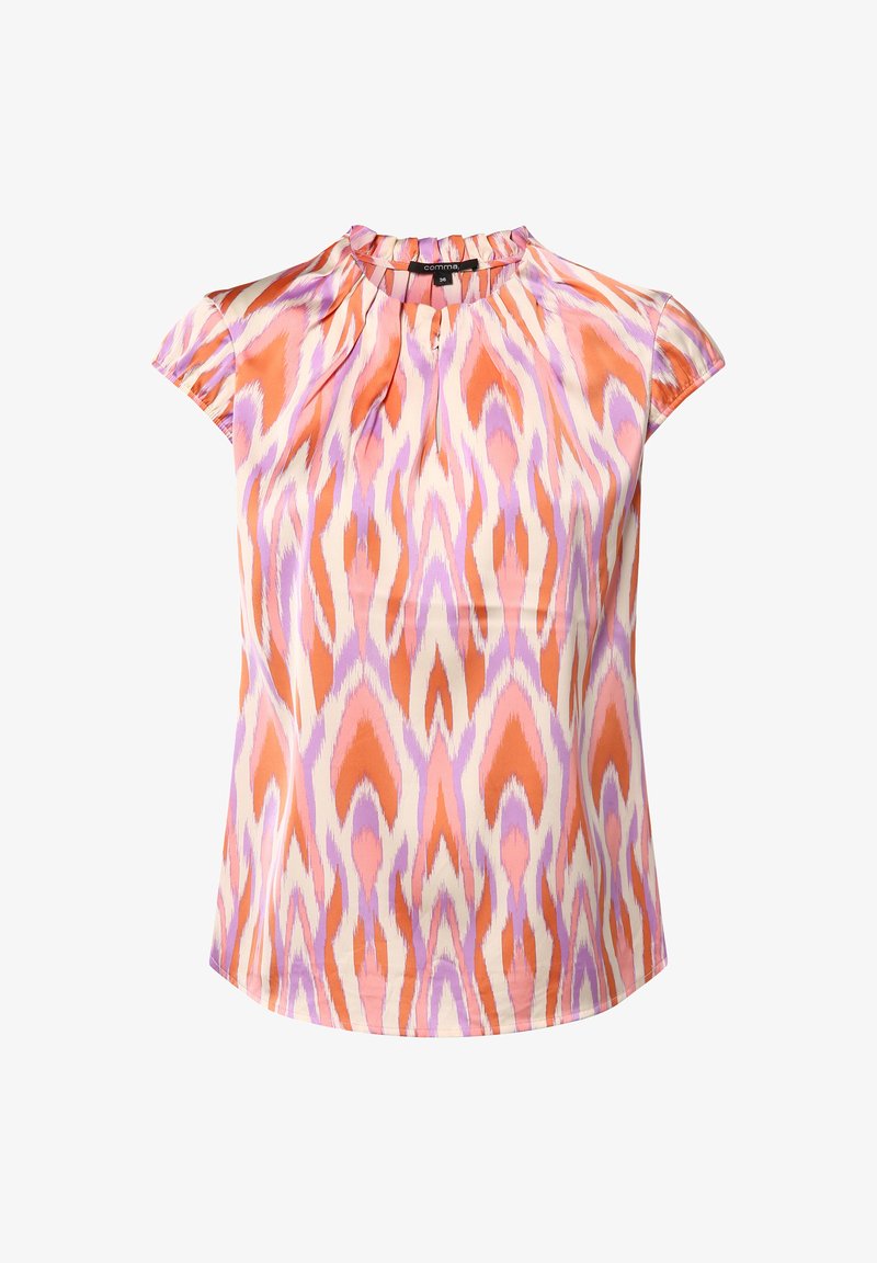 Koszulka z krótkim rękawem z okrągłym dekoltem, plisami oraz abstrakcyjnym wzorem w kolorze różowym, pomarańczowym i lawendowym na gładkim materiale.