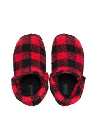 Chaussons en polaire à carreaux rouges et noirs avec un intérieur doux et une forme arrondie, conçus pour le confort et la chaleur. Accentués d'un revers.