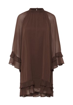 Abito in chiffon marrone con collo alto, maniche a kimono e orlo arricciato. Tessuto leggero con una consistenza morbida e fluida.