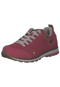 Scarpa sportiva alla caviglia rossa e grigia con tomaia simile alla pelle scamosciata, punta in gomma e suola testurizzata. Presenta lacci grigi e un accento con logo.