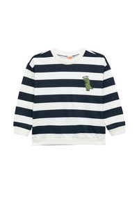 Marineblauwe en witte gestreepte sweatshirt van zacht materiaal, met een groene dinosaurusafbeelding en de tekst "ROARR!" op de borst, voorzien van ribgebreide manchetten.