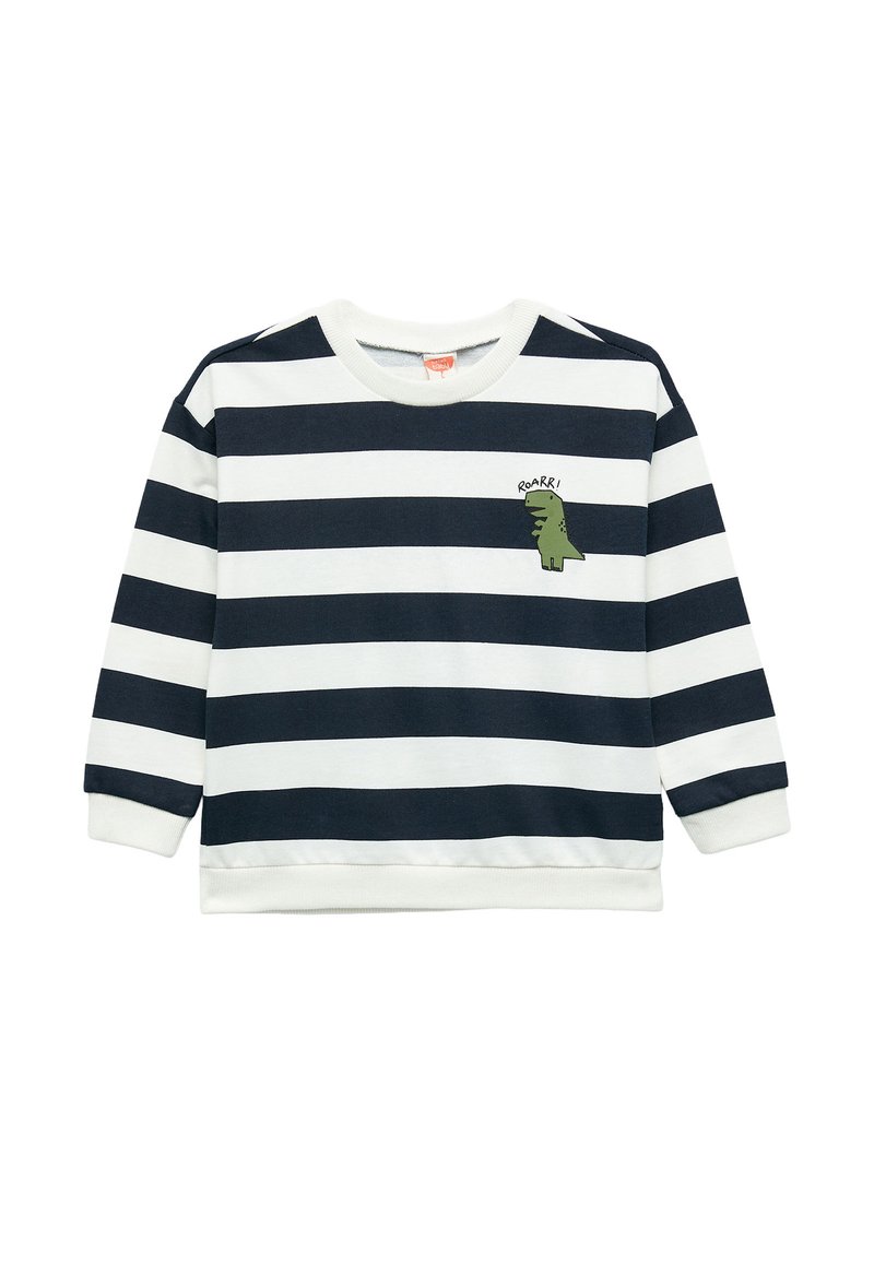 Marineblauwe en witte gestreepte sweatshirt van zacht materiaal, met een groene dinosaurusafbeelding en de tekst "ROARR!" op de borst, voorzien van ribgebreide manchetten.