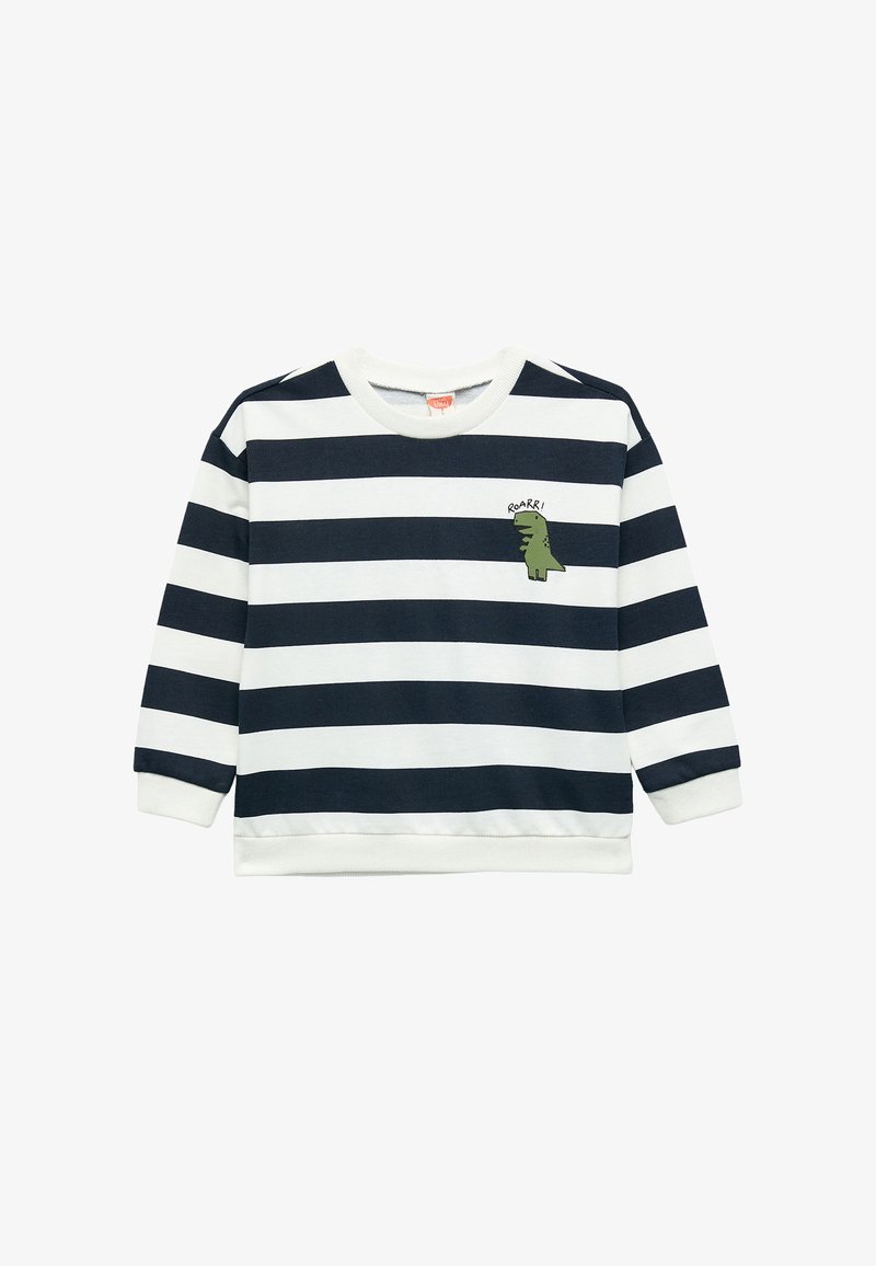 Sudadera a rayas en azul marino y blanco, hecha de una tela suave, con un gráfico de un dinosaurio verde y el texto "¡ROAR!" en el pecho, con puños acanalados.