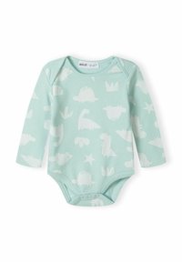 Duguljasti bodi za bebe s dugim rukavima u svijetloj mint zelenoj boji, s uzorcima bijelih dinosaura i zvijezda. Izrađen od mekog, laganog pamuka s plastičnim zatvaračem.