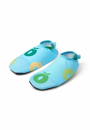Light blue children's water shoes with green and yellow apple designs, elastic ankle openings, and black soles on a white background.