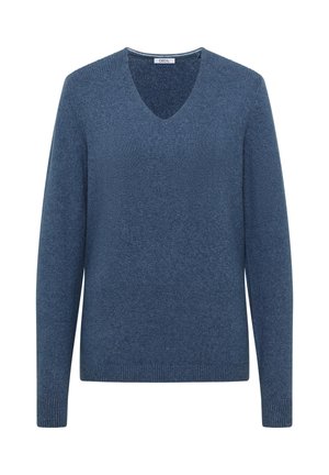 Pull bleu en V fait de tissu doux, avec des manches longues, des poignets côtelés et une texture lisse. Étiquette visible au niveau du col.