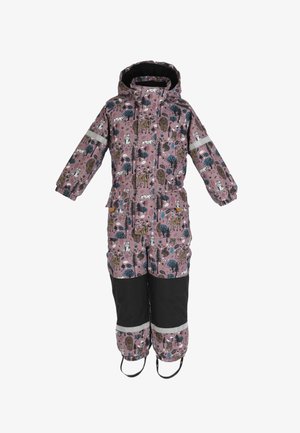 Eén-delig winterpak voor kinderen met capuchon, bedekt met patronen van bosdieren en bomen, voorzien van reflecterende strips en zwarte versterkte knieën.
