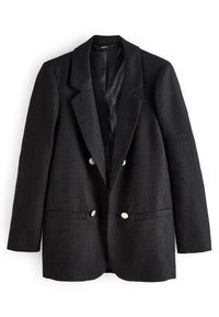 Veste noire texturée avec larges revers, boutons dorés croisés et poches passepoilées à l'avant, posée à plat sur un fond blanc.