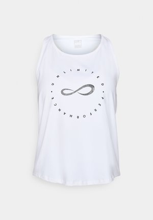 White sleeveless tank top made of lightweight fabric, featuring a round graphic with the words "UNLIMITED PERFORMANCE" and an infinity symbol.