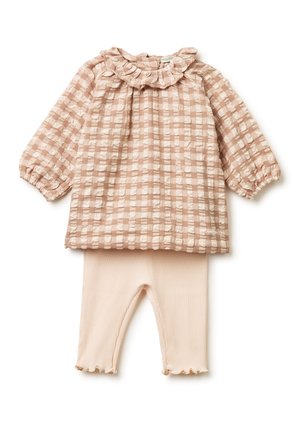 Completo per neonati con maglietta a maniche lunghe beige texturizzata a quadri, caratterizzata da un colletto arricciato, abbinata a leggings beige chiaro a coste con orli sfrangiati.