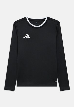 Svart langermet skjorte med hvit krage og subtil logoaccent. Glatt stoff, atletisk design, litt avrundet kant, standard passform.