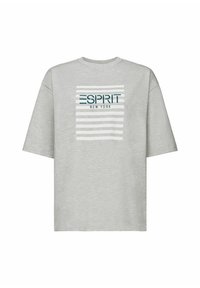 Grå bomullströja med korta ärmar, med en randig grafik i vitt och mörkgrönt med texten "ESPRIT NEW YORK" i mitten.