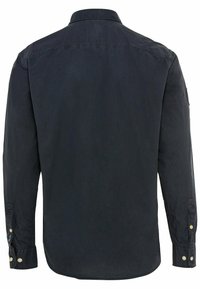 Dunkelblauses Langarmhemd mit klassischem Kragen, abgerundetem Saum, mit Knöpfen versehenen Manschetten und einer glatten Textur. verfügt über eine Rückenpasse mit Steppnaht.