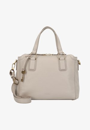 Sac à main en cuir beige clair avec poignées supérieures, bandoulière détachable, ferrures dorées, fermeture éclair et détail porte-clés.