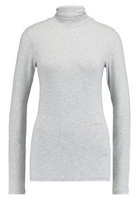 Graues langärmeliges Turtleneck-Shirt aus einem glatten, dehnbaren Stoff. Mit einem dezenten Calvin Klein-Logo in Rot auf der linken Seite.