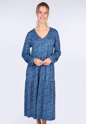 Kleid mit blauem Blumenmuster, langen Ärmeln, V-Ausschnitt und gestuftem Rock. Hergestellt aus weichem Stoff mit glatter Textur.