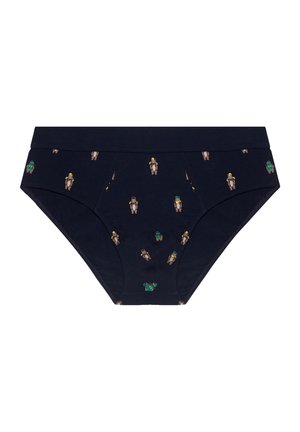 Navy modré bavlněné slipy s barevnými motivy zvířat. Mají elastický pas a jemnou texturu, navrženy pro pohodlí a dobré padnutí.