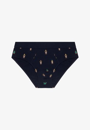 Navy modré bavlněné slipy s barevnými motivy zvířat. Mají elastický pas a jemnou texturu, navrženy pro pohodlí a dobré padnutí.