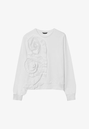 Weißer Sweatshirt mit langen Ärmeln, das auf der linken Seite große, strukturierte Rüschen aufweist, die Blumen ähneln, sowie gerippte Bündchen und einen gerippten Saum.