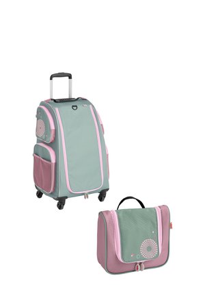 Groene en roze rollende koffer met zijzakken en bijpassend klein hangend toilettasje, beide met ronde bloemmotieven.