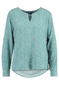 Blusa turchese con scollatura rotonda e dettaglio a forma di chiave, caratterizzata da un motivo floreale in bianco e nero; maniche lunghe e orlo curvo.
