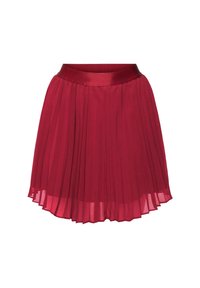 Rød plisseret nederdel lavet af letvægtsstof, med en glat talje og et lagdelt, flydende design med lodrette plisseringer.